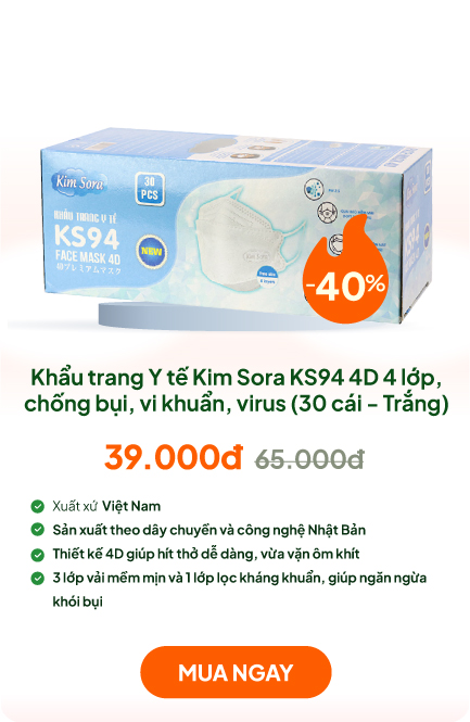 Khẩu trang Y tế Kim Sora KS94 4D 4 lớp, chống bụi, vi khuẩn, virus (30 cái - Trắng)